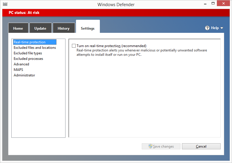 Windows defender disabled