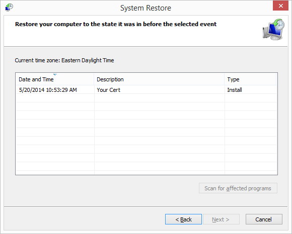 restore point control panel