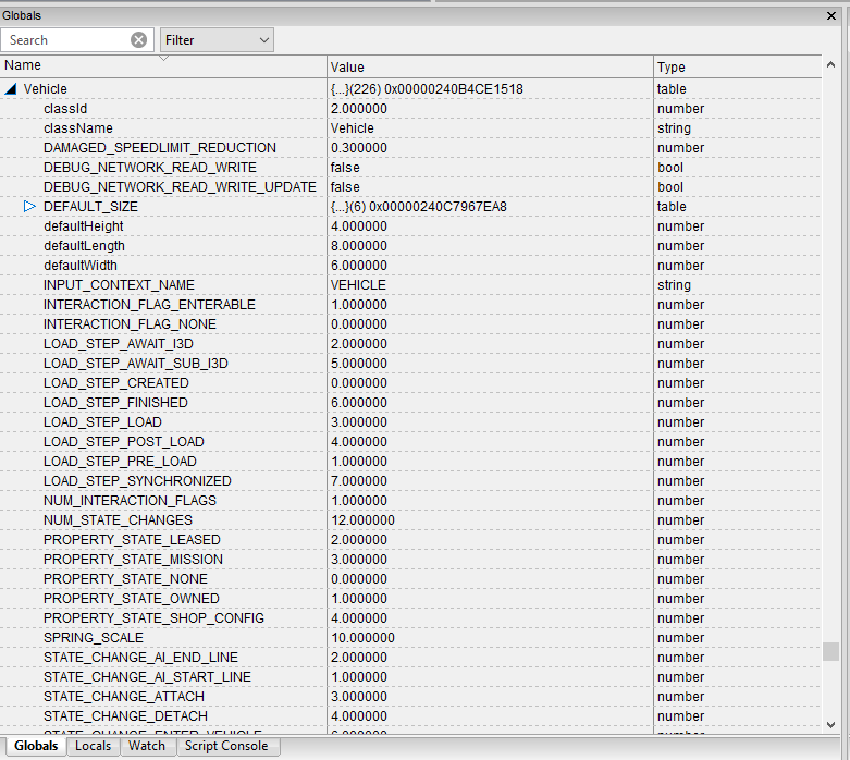 Unfolded vehicle entry in globals tab