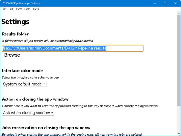 The DAISY Pipeline App window displaying the Settings window